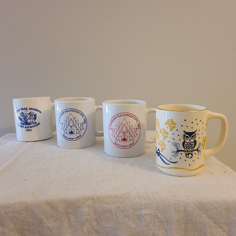 Four new, vintage Girl Guide Girl Scout mugs from Ontario, Canada